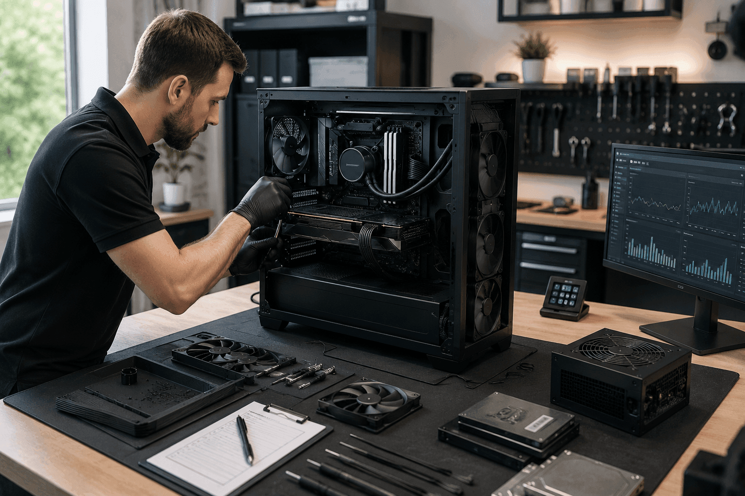 Professional custom PC build in progress at ZeroDrop Systems, showing a clean workstation, quality parts, and a performance-focused system being assembled and tuned.