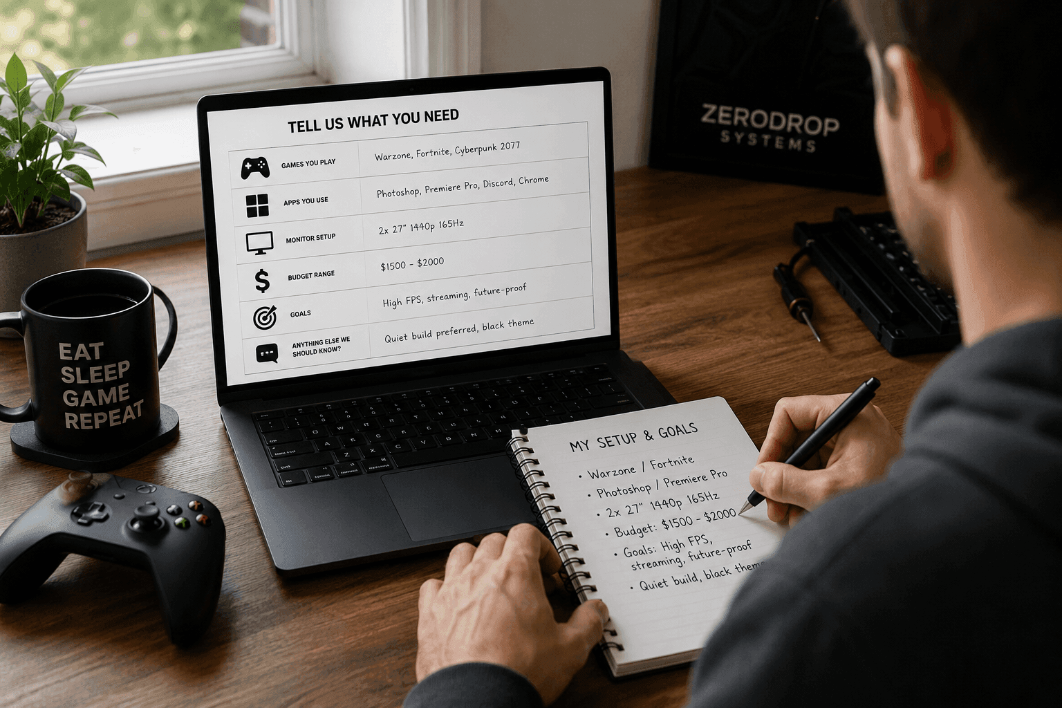 Customer planning a custom PC build with ZeroDrop Systems by listing games, apps, monitor setup, budget, and goals at a desk.