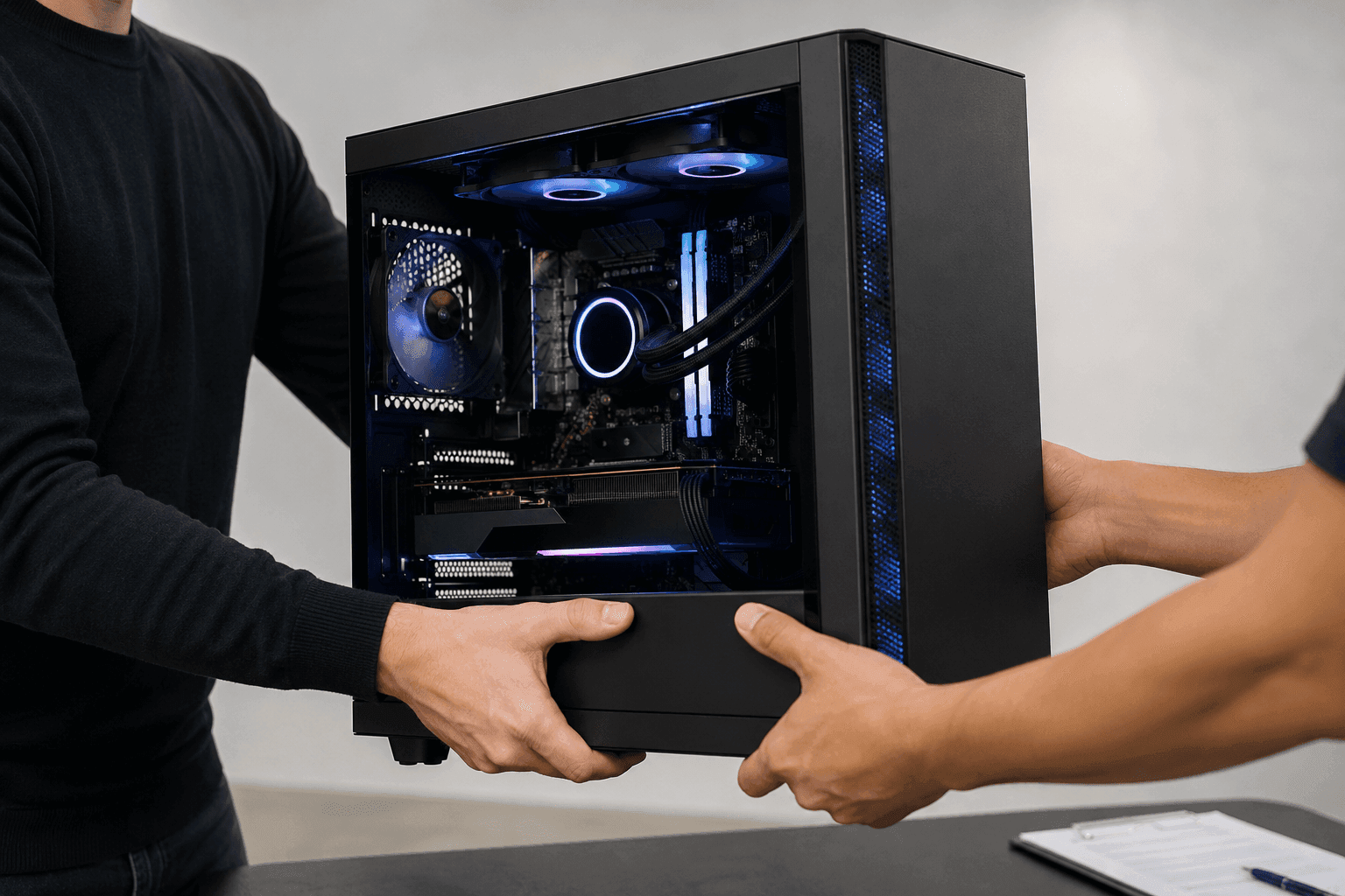 Close-up of a finished custom PC being handed off between two people, representing ZeroDrop Systems delivery, final testing, and first-boot guidance.