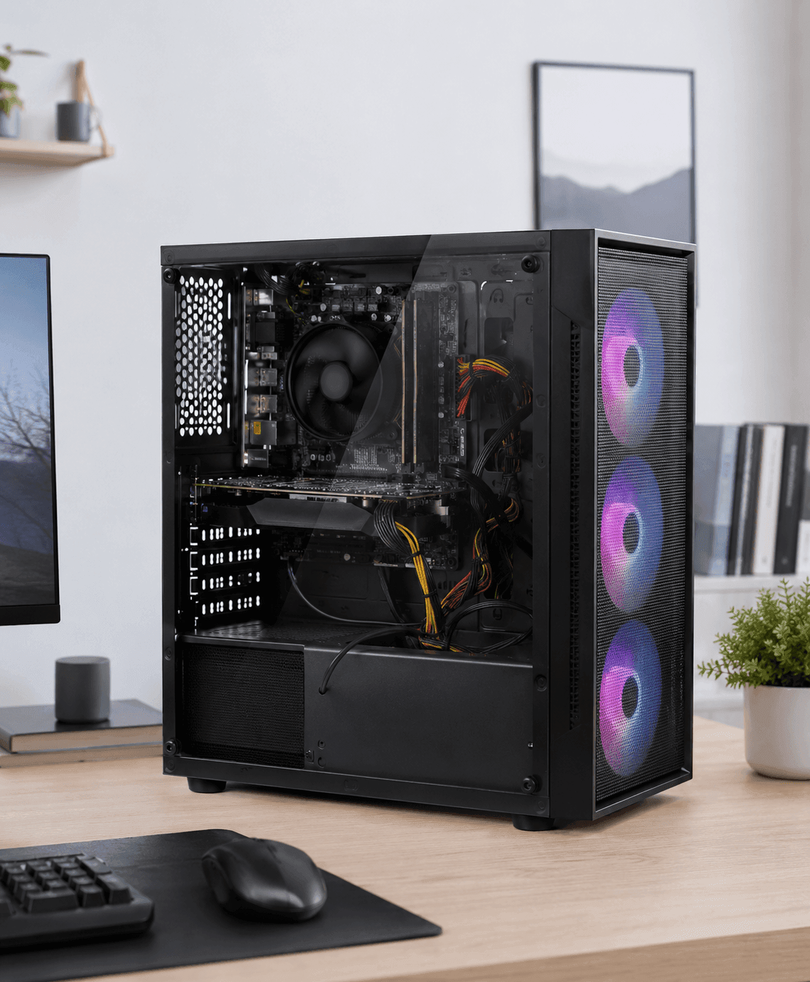 Budget prebuilt desktop PC with messy wiring and basic cooling in a bright modern workspace, showing why many store-bought computers fall short on airflow, quality, and long-term performance.